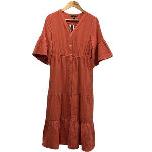 Chelsea & Theodore NWT Tiered Cotton Midi Dress, Pockets, Coral, S